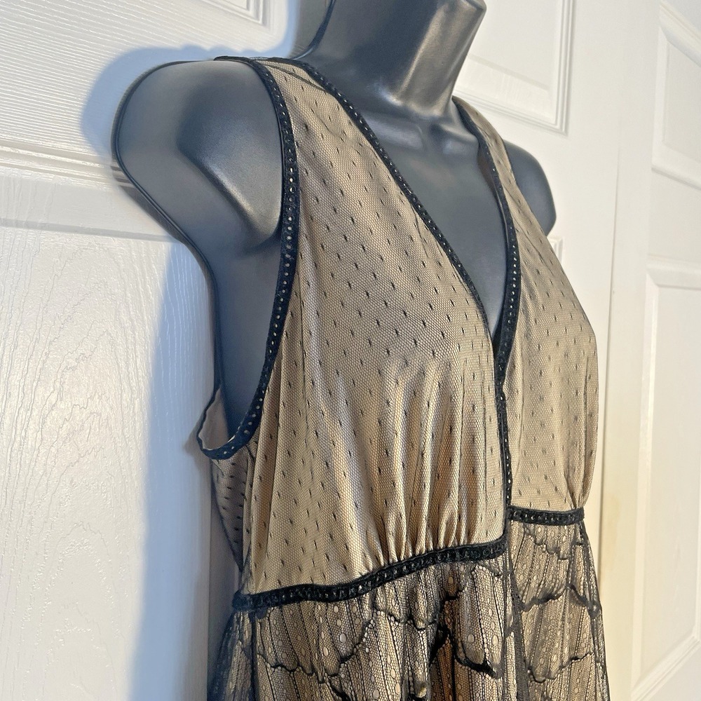 Vintage Max Studio SP Dress Women Large Beige‎ Black Lace Overlay Y2K Sleeveless - Picture 2 of 12